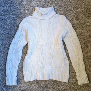 Cozy Cable Knit Fisherman Sweater Turtleneck Cream Cotton 90s Lands End Gilmore